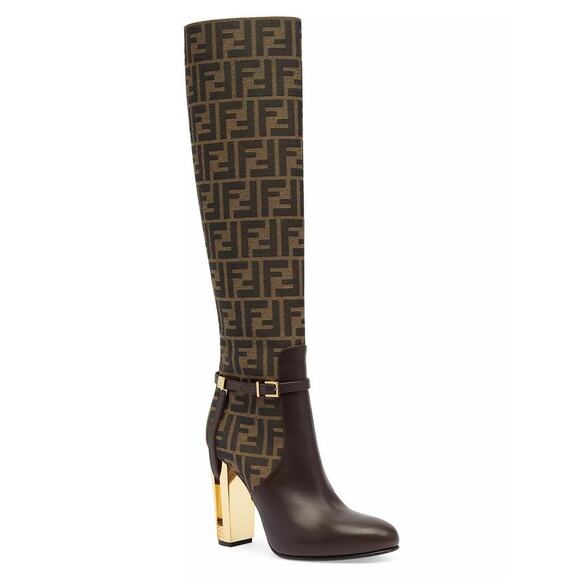 Fendi 105mm Traced Brown Leather Monogram FF Logo Motif Knee High Heel Boot 37 - Picture 3 of 16